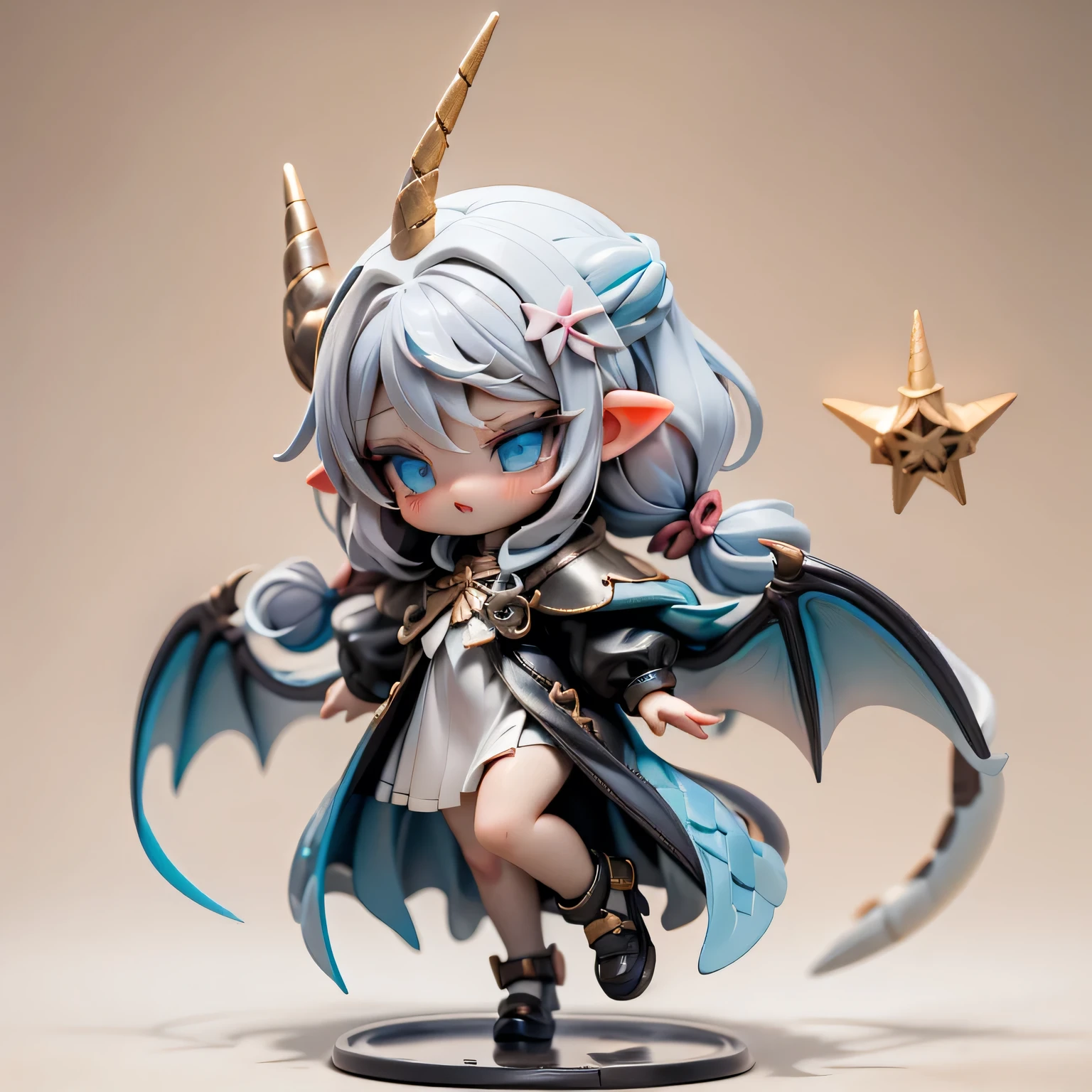 In this full-body portrait,、she is a blue-eyed miniature girl with silver hair and moe-like braids、is summoning a small dragon。 The summoner with a unicorn horn on her head、is summoning a small dragon、three-dimensional with the highest quality 3DCG based on white。 Full-body image showing legs