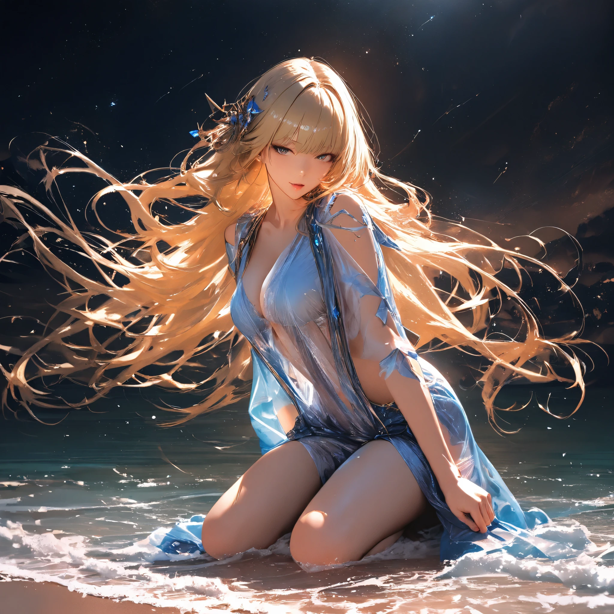 (best quality,4k,8k,highres,masterpiece:1.2),ultra-detailed, 1woman, Greek goddess Aphrodite, Blond hair, skimpy powder blue gown, seethru, on the sea shore, beautiful, alluring, in a seductive pose, looking at viewer, seductive eyes, drawn in the style of Yoshitaka Amano, HDR, 8k, absurdres, cinestill 800, sharp focus, add_detail:2, (solo, woman) ((Masterpiece, best quality)) (Photo Realistic)
