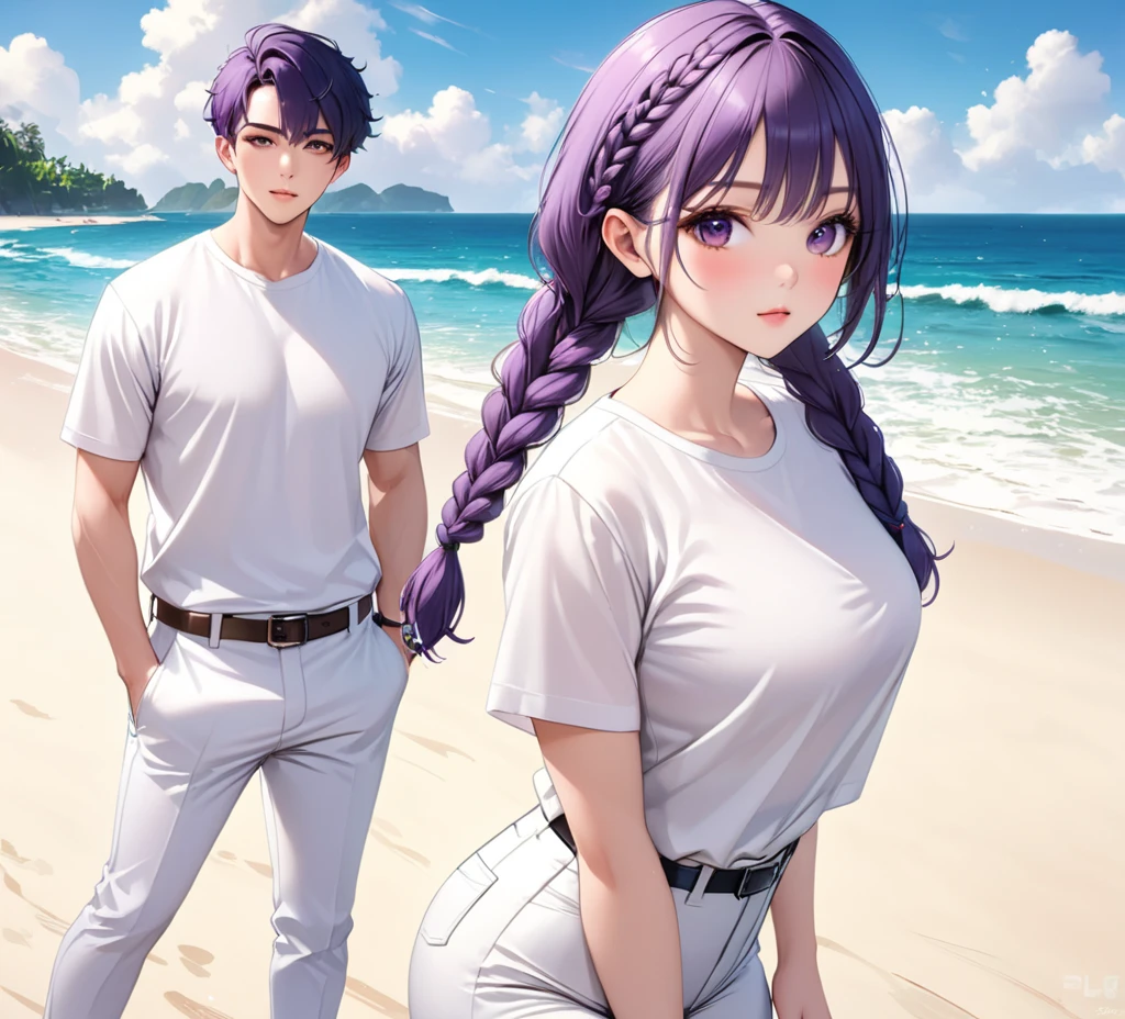 yinji(1.5),1 girl and 1 boy,There are only two people，Purple hair girl,Purple Eyes,Very long hair,Gray hair,Two braided ponytails,Big , Gray hair boy(1.8)，Wearing swimming trunks，Very handsome boy，Two people chasing and playing on the beach,Happy expression
