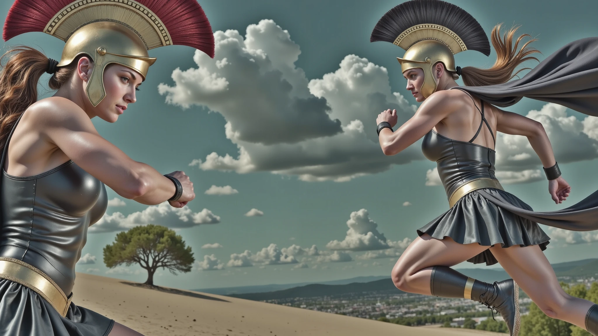 Greek Amazons. They wear black leather Greek armor with bronze cups covering their chests, displaying intricate detailing. Their bronze helmets are adorned with black crests, adding a sense of majesty and ferocity. Flowing black capes trail behind them, highlighting the dramatic movement of their fall. The scene captures the intense action and strength of the Amazons in a highly dynamic and impactful moment. Perfect, realistic hands. Clenched fist, feminine hand.