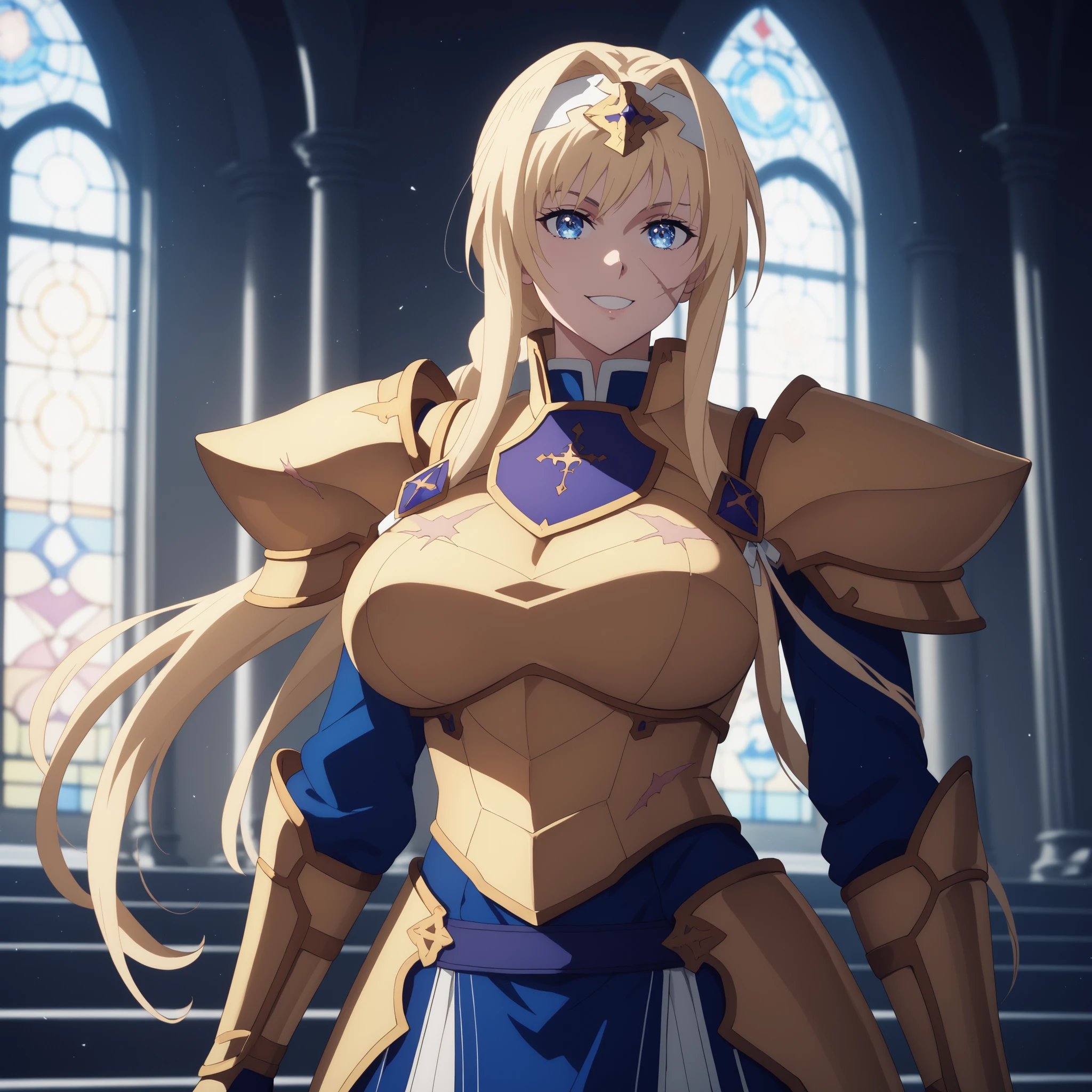  alice zuberg , 20 years, blond hair, detailed heavenly eyes, charming smile. curvaceous and slender figure , big breast scars y bien proporcionados ,  wear gold armor with blue details. Walk gracefully down a palace corridor. warm and soft lighting, highlighting the reflections in her skin and hair. anime style, ultra detailed,  high quality art , 4k, soft shadows and vibrant light effects."( big breast scars) standing walking in front of spectator.
