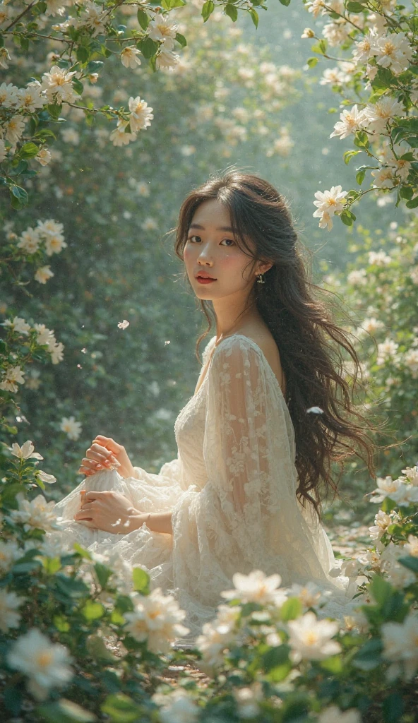 Beautiful girl sitting in a garden filled with jasmine flowers