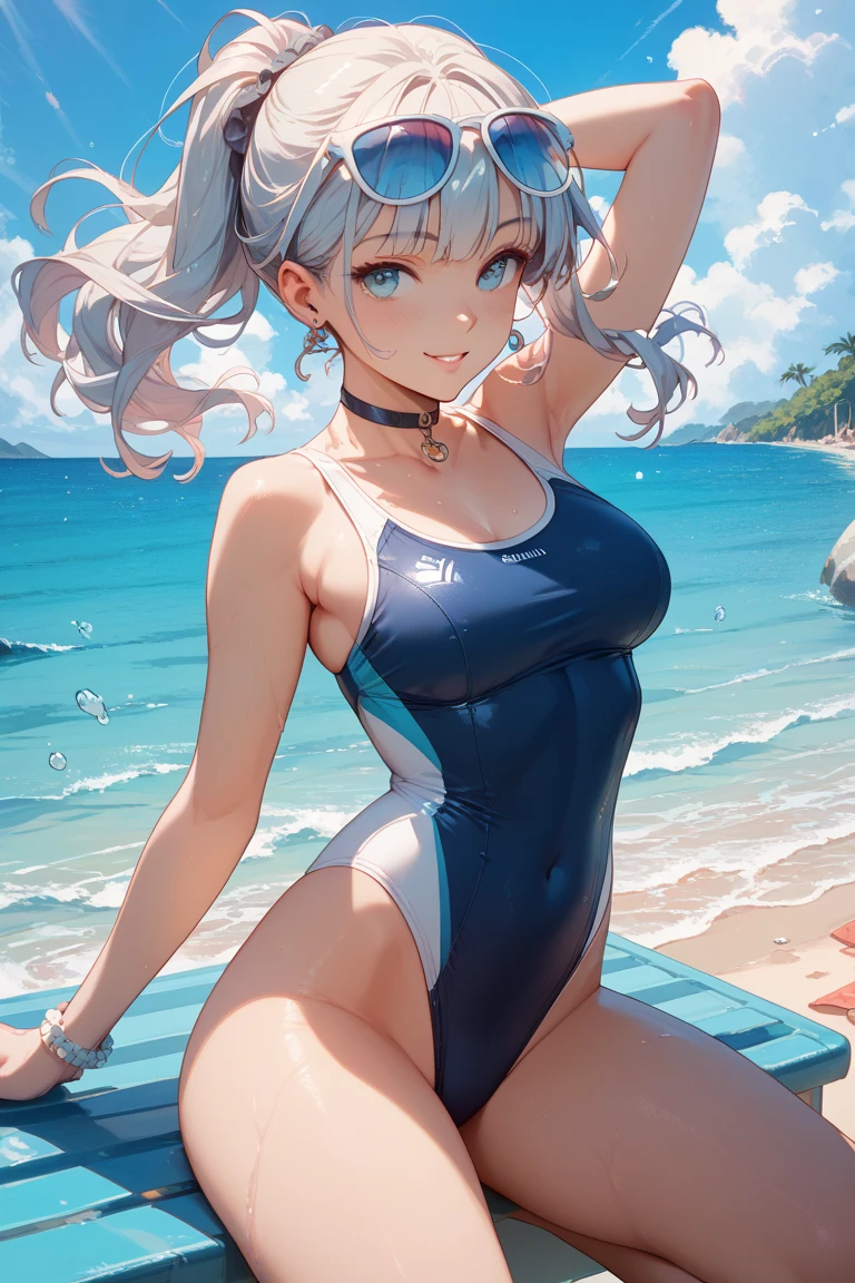 absurderes:2.0、(( sitting on beach, spread legs)), blue sky Beach, realistic, Unity 8K Wallpaper, Masterpiece, Realistic face, Realistic skin feeling ,detailed hair, highly detailed, realistic glistening skin, detailed background, oily skin, (high-key lighting、Front Light:1.3、 dramatic angle), (solo, sexy ,25 year old elf、blue swim race suit:1.5、), glossy lip, seductive smile, gray hair