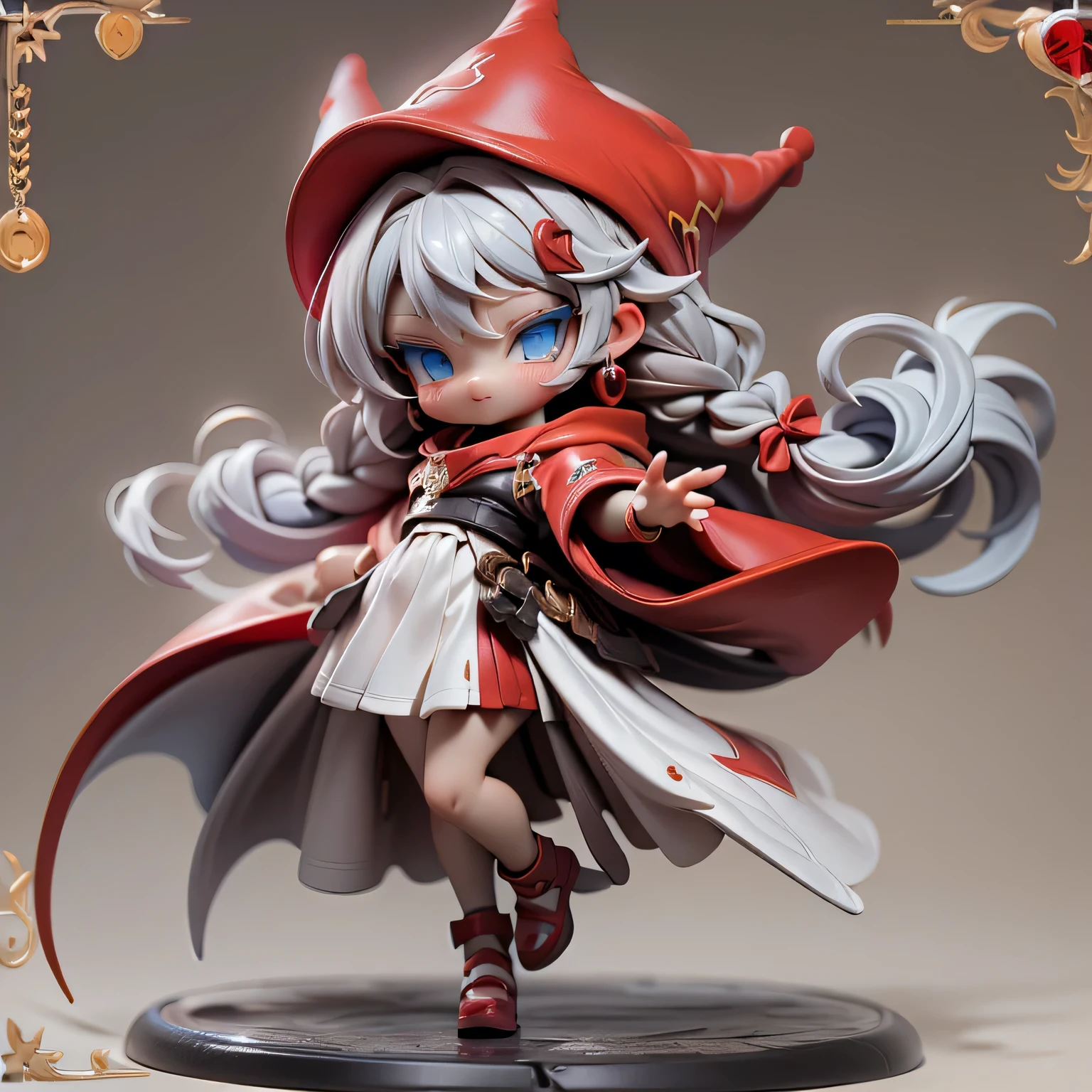 in this full-body portrait、She has braided hair、 Silver Hair、blue eyes、 Moe Fashion、of the Red Mage wearing a red hat and red cloak, and a miniature female character with the magic of fire and water。 colored hair based on white、It's the finest 3DCG。 full body image drawn up to the foot。