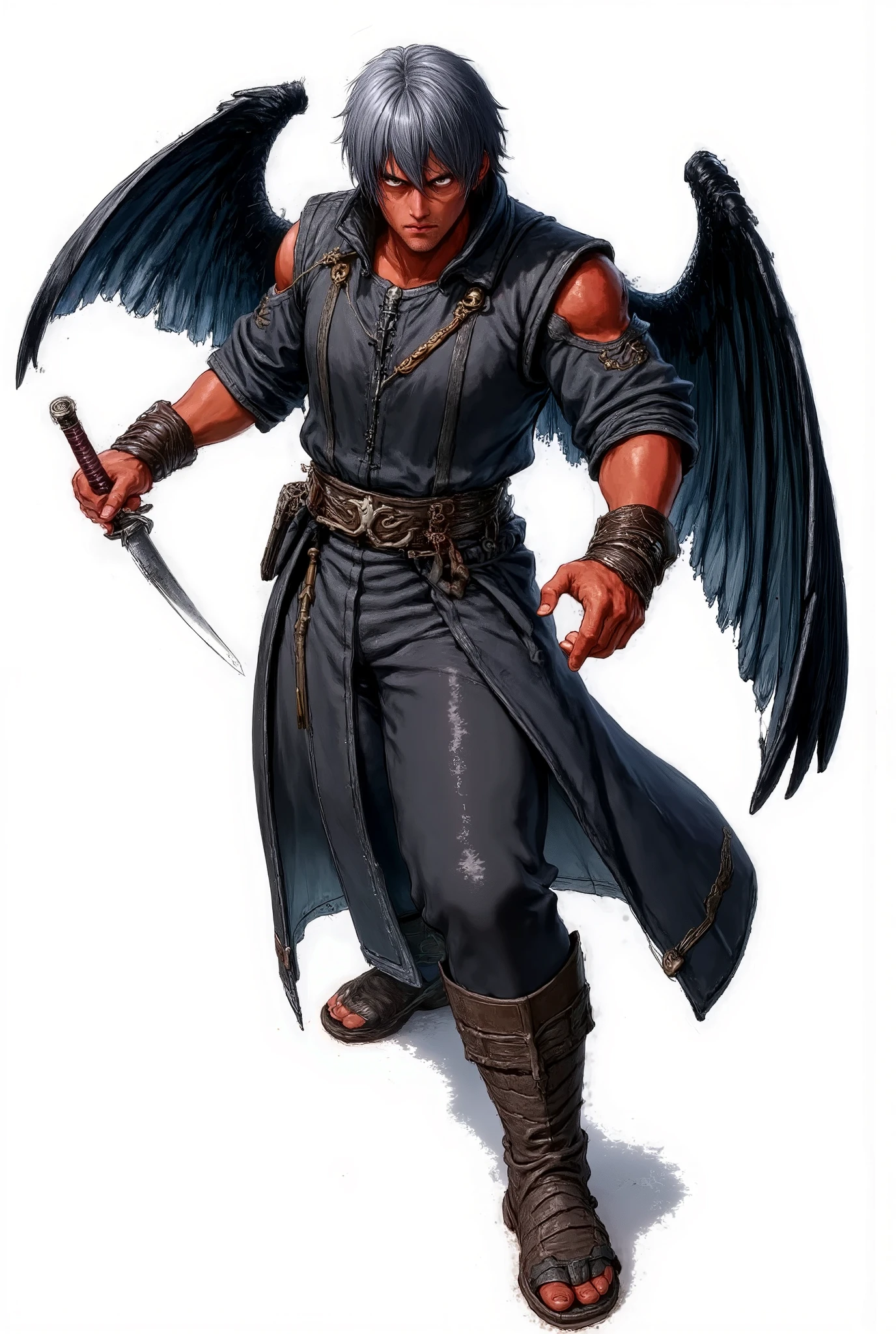 "2.5D isometric top-down view, full-body ninja character in RPG style, medieval theme. Red skin (#ff0000), black assassin-style ninja outfit, black wings. Male character with sharp features, gray and black hair. High quality, masterpiece. PNG format with transparent and white background versions."