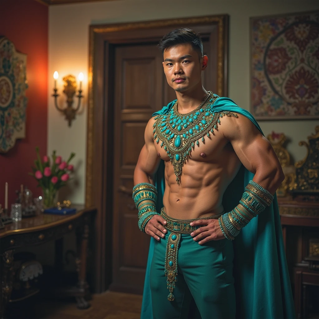 muscular physique, short styled hair, elaborate turquoise necklace, turquoise and gold cape, matching wrist cuffs, teal form-fitting pants, intricate belt details, standing pose, hand on hip, well-defined abs, strong and confident atmosphere, indoor setting with soft colored backlighting, dramatic lighting focused on subject