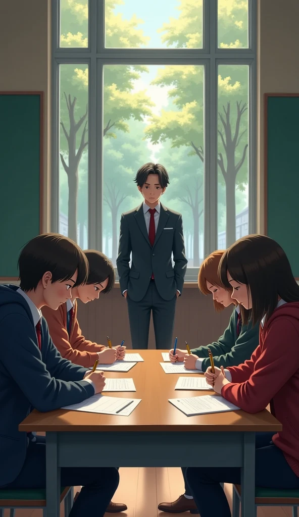 A stern-looking university professor stand beside an empty table. A quiet tension fills the air. Students writing exams. Focusing on their test

 Students wear casual clothes. Students do not wear uniform. Students wear hoodies and shirt.

Professor looking at an empty seat

Anime style

