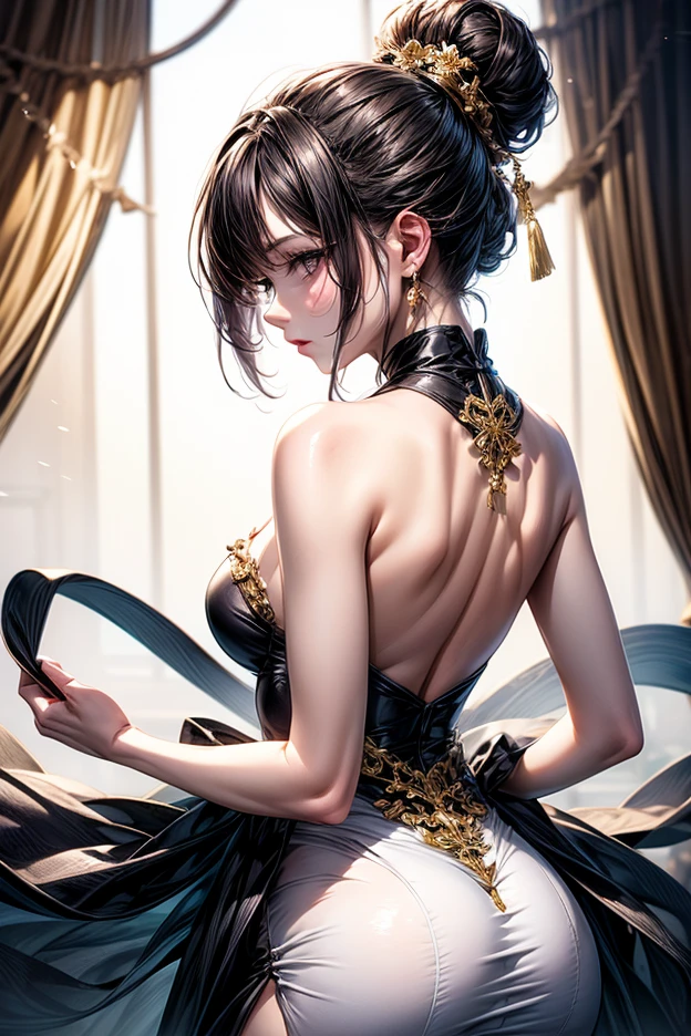 ((highest quality)),(ultra high resolution),(Super detailed),(detailed description),((best CG)),(best work of art),super precision art,great drawing art,(Fantasy art with precise details:1.5), (1 woman:1.5),(beautiful and well-shaped face:1.5),toned back:1.5,A look of determination:1.6,backless cheongsam 1.7,rising dragon tattoo on back:1.8,