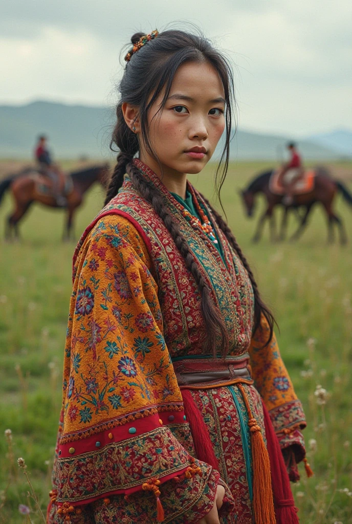 Mongolian girl in national costume on grassland with horses and riding gear