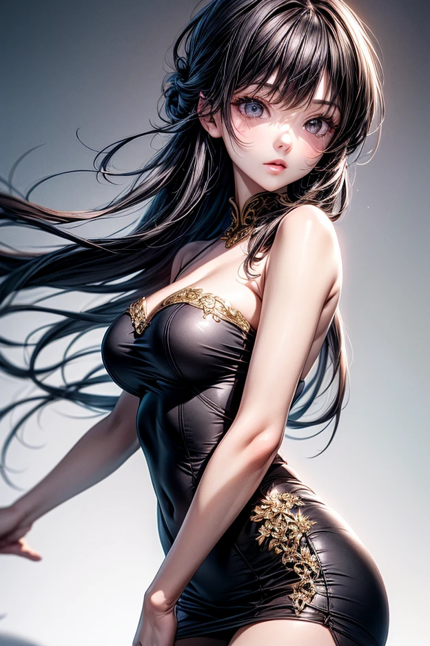 ((highest quality)), ((masterpiece)), (detailed), Ultra HD、8k, (Cinema lighting)、(Realistic)、((cowboy shot))、Perfect Face、detailedな顔、detailedな目、(Long Hair、Black Hair、Bangs、straight)、detailedな髪、Cute Girls、(Off-the-shoulder shirt、Gorgeous pattern)、Seductive lips、Cleavage、Fine skin、night、