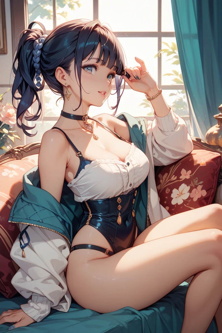 best quality, 1girl, masterpiece ultra detailed, illustration, yang guifei, glossy lips, blush, sitting, bed, lace bra, lace panties, (knees bent), short hair