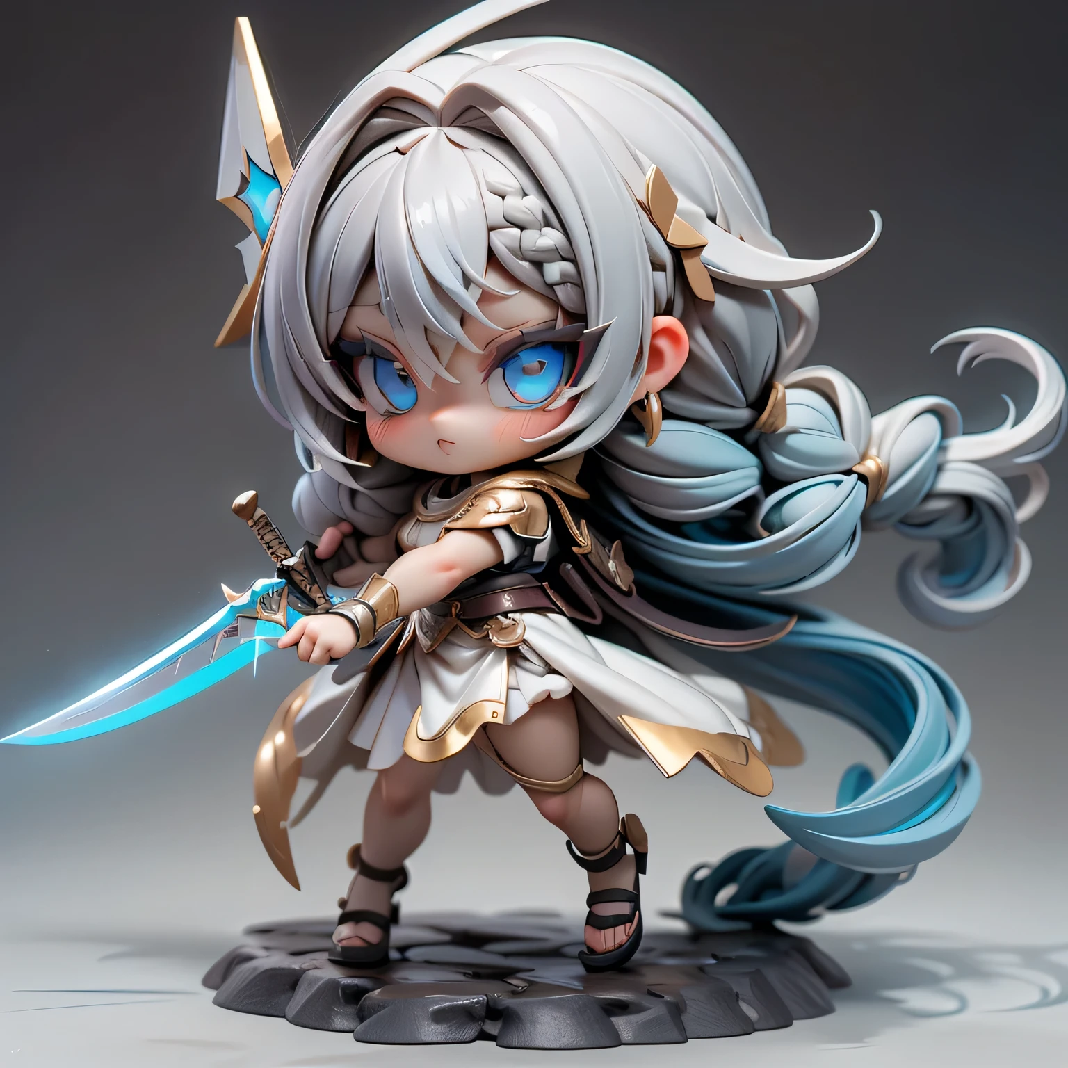 in this full-body portrait、She is a miniature female character with braided hair、Silver Hair、, blue eyes, Moe fashion, and heroic Jinou poses。 the highest quality 3DCG based on white、 Egyptian National Costumes、Magical Swordsman、and the protagonist's shining sword。 full body image drawn up to the foot。