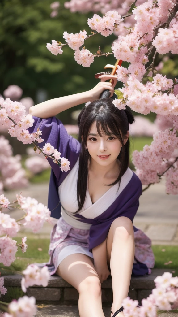 最high quality、high quality、Best image quality、8k、最High resolution、High resolution、最high quality、masterpiece、RAW Photos、whole body写真、Detailed and realistic human body、Detailed and realistic skin、Realistic face in every detail、Detailed and realistic eyes、Detailed and realistic lips、Detailed and realistic teeth、Detailed and realistic ears、Detailed and realistic hair、Detailed and realistic weapons、Realistic reproduction of every detail、Realistic fingers in every detail、(Beautiful Hands、thumb1reference4)、Realistic feet down to the last detail、((Beautiful Japanese Girl))、(Japanese Model)、((18 year old beautiful girl))、(Black Hair)、(Straight hair)、((whole body))、(Slim and perfect figure)、(whole body光沢肌、Fair skin)、Detailed and realistic human body、Detailed and realistic skin、Realistic face in every detail、Detailed and realistic weapons、Realistic fingers in every detail、Detailed realistic feet、Soft natural light、(Maiko-san、geisha、kimono、Long-sleeved kimono、yukata、Japanese tradition、Samurai Residence、Japanese garden、((Colorful floral pattern(丈が短いkimono))、((sitting on a stump under a wisteria tree(Poses that make your thighs look sexy))、Angle from below