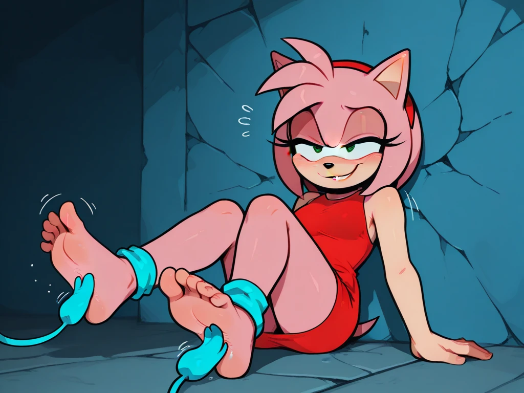 AmyRose, kneeling, doggystyle sex, slender, red dress, boots, hairband, shota-boy, room, on all fours, bald boy, gloves