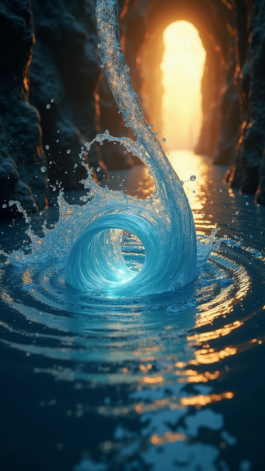 A stunning, hyper-realistic close-up of a swirling vortex of water suspended in mid-motion, set within a glowing, mysterious corridor bathed in golden and blue light. At the center of the composition, a perfectly formed water tunnel spirals inward, its fluid walls reflecting light like polished glass. The vortex appears suspended just above the surface of a rippling pool, its inner chamber glowing with deep, oceanic blues and shimmering white highlights.

From the top left, a stream of water arcs dramatically into the scene, caught in mid-air, its shape frozen in perfect detail—each droplet, splash, and curve rendered with photorealistic precision. As it meets the swirling core, the impact creates ripples and droplets that scatter across the glossy water surface, forming concentric circles and splashes that glow softly under the ambient light.

The surrounding environment is dark and cavernous, but lit with ethereal golden hues that reflect off the flowing water, contrasting beautifully with the cool cyan and deep blues at the vortex’s center. The lighting creates a mystical duality—warm on the edges and cold at the core—adding drama and visual tension. The water captures and distorts its surroundings, creating warped reflections and subtle lens-like effects that add depth and realism.

The background fades softly into blur, drawing full attention to the vortex and fluid motion in the foreground. Small sparkles of light reflect off droplets and water edges, giving the entire scene a magical, almost elemental energy. The visual balance between chaos and symmetry—the wild splash and the precise spiral—creates a dynamic that feels alive and powerful.

There is no visible sky, no living beings, just water and light interacting in a perfectly suspended moment. The entire image evokes the essence of natural power, transformation, and elemental grace—like a portal made entirely of liquid, or a visual metaphor for energy in constant motion.

The art style is ultra-detailed 
