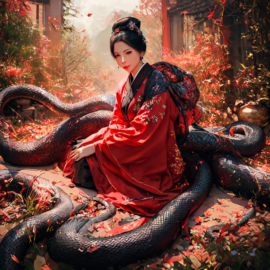 black scales(best quality,4k,8k,highres,masterpiece:1.2),ultra-detailed, Korean Goddess Eopsin, Woman of Korean decent, wearing red Hanbok, yellow top, body of a woman, snake's tail in place of legs, no legs, black lamia scales, looking at viewer, drawn in the style of Yoshitaka Amano, HDR, 8k, absurdres, cinestill 800, sharp focus, add_detail:2, ((intricate detail)),(((realism))), HDR, 8k, absurdres, cinestill 800, sharp focus, add_detail:2, (solo, woman) Photo Realistic, real woman, (solo, woman) ((Masterpiece, best quality)) (Photo Realistic)
