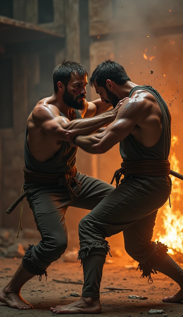 Sword fight between Nolan Gould and Grant Gustin without clothes in a sauna with more men without clothes, all totally naked. no underpants. 
