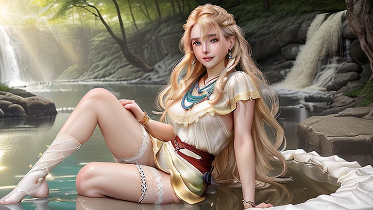 ( 8,000), ( masterpiece), (best quality), (super detailed), ( Award-Winning ), ,cinematic lighting, lens flare, flash, Girl in a dress standing in the woods, is anatomically correct， (photography), Model photo shoot, Beautiful Girl, (pretty face:0.8), Slim light blond girl, fashion photography portrait, fair skin， curly blond hair , Girl，  perfect style  ,   beautiful face ,  anatomically accurate  ,   highly detailed facial and skin texture 、 beautiful eyes, beautiful eyes,  slender eyebrows ,自然Blush,Grow skin  ,  White Skin: 1.2, ( Shiny Lips   : 1.4), slim body， slim body， slender hands behind the head， huge breasts，Fluffy， Smile， 精美的Jewelry，light blond hair that grows like a waterfall，银色 long hair Girl，Innocent Expressions，淡淡的Blush，The hair falls below the waist， pure white dress looms through beautiful nudity, iris emblem, 白玫瑰Hair accessories, (Perfect makeup, snow-white gloves, earrings,  Bracelet,  necklace, Jewelry, Hair accessories, shawl, sock, Knee socks, 吊garter, Foot ring, garter, 腿部garter),  (sexy的,  Perfect breast shape , Teardrop breast shape,  Snow White Chest ,  very detailed breasts , 34C cup),  Slim waist (Super high waist, Deep V, Low-cut, sexy, Likeable, Open crotch, (Clear camel toe, (High fork strangulation))), Slim waist ((( clear outline , transparent underwear, 透明sexy的穿着)),金黄的 long hair，雪白的 long hair，恋like，Snow white stockings cover delicate toes，Green Eyes，waterfall pool，Delicate waist，Green eyes，and its charming smile,Black Silk, 淡金色银色 long hair，white panties sprinkled with gold powder，Perfect  that stand out，少女的Smile, Lace，Green eyes，Blushing，heartbeats，like，恋like，纯洁少女的Smile，and its long light-colored hair，Blush，sweater， long hair, jewelry, 