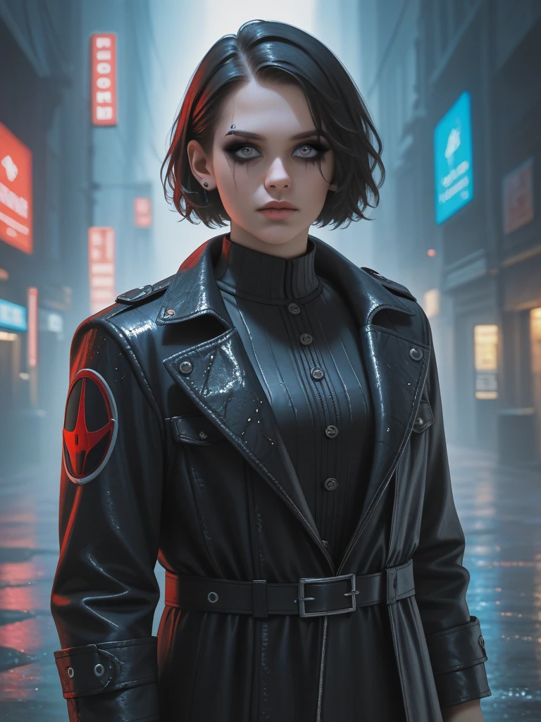 "A modern reimagining of the iconic character from 'The Crow' inspired by Brandon Lee. The character stands in a dark, rain-soaked urban alley, surrounded by flickering neon signs and crumbling gothic architecture. He wears a sleek, futuristic black trench coat with subtle metallic textures and stylized armor-like segments across the shoulders and arms. His face is painted with the iconic white and black makeup, detailed and haunting, with smeared black lines around piercing eyes that glow faintly in the dim light. His long black hair is wet and slightly tousled, adding to his spectral presence. A crow perches on his shoulder, feathers ruffled, its eyes glowing faint red. The scene is bathed in deep shadows with cold blue and purple lighting contrasting with the warm orange of distant fires. The overall tone is dark, emotional, and cinematic, paying tribute to the cult film's gothic spirit while adding a futuristic edge. Hyper-realistic, ultra-high detail, 8K resolution, dramatic composition, optimized for all AI platforms."
