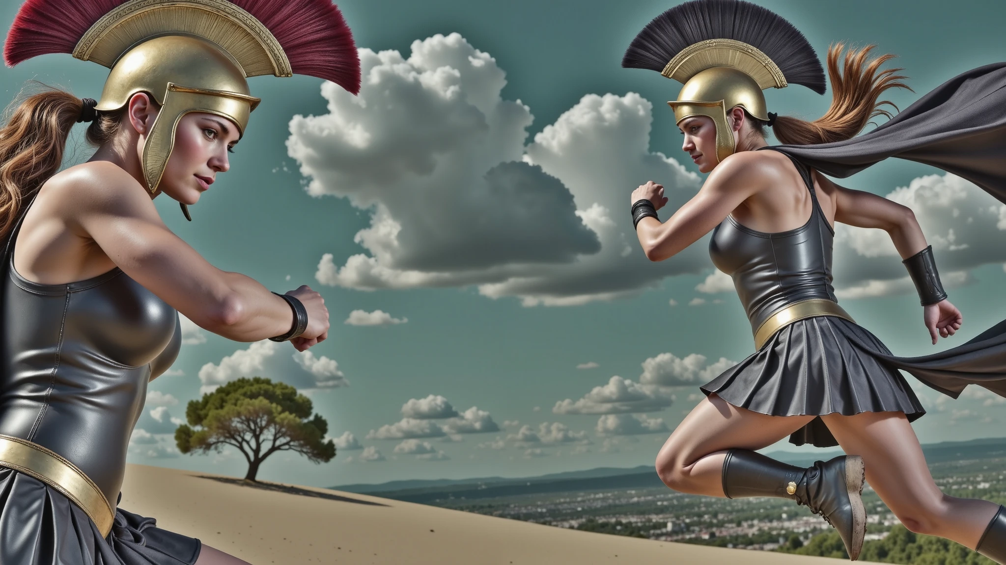 Greek Amazons. They wear black leather Greek armor with bronze cups covering their chests, displaying intricate detailing. Their bronze helmets are adorned with black crests, adding a sense of majesty and ferocity. Flowing black capes trail behind them, highlighting the dramatic movement of their fall. The scene captures the intense action and strength of the Amazons in a highly dynamic and impactful moment. Perfect, realistic hands. Clenched fist, feminine hand.