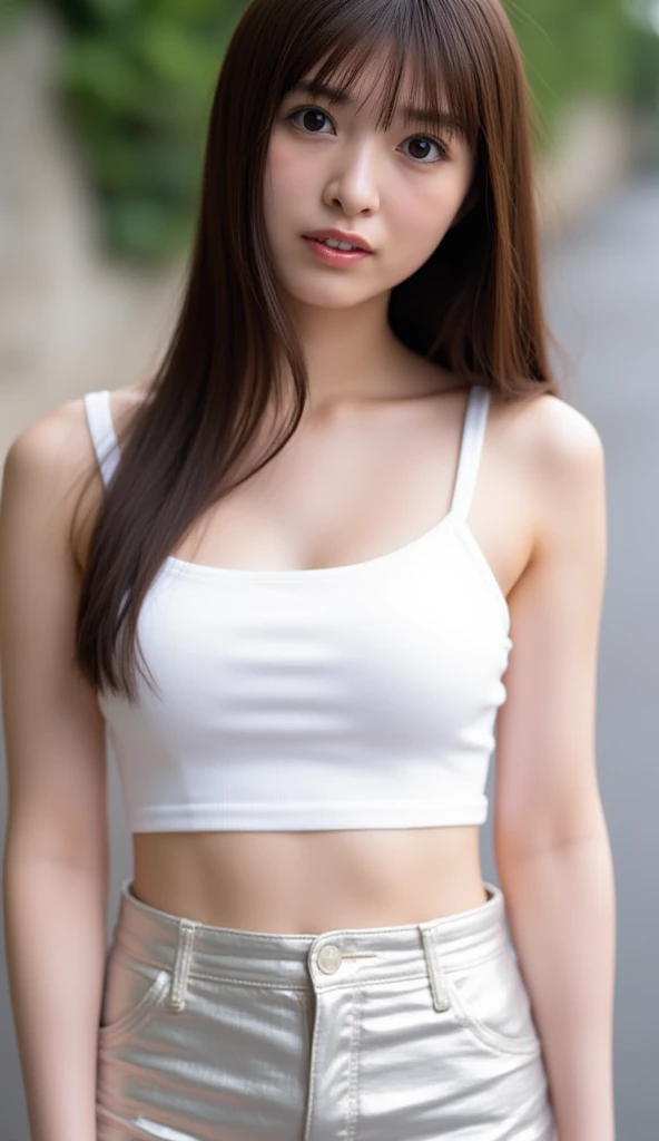 (Best Quality, masutepiece, Ultra HD: 1.3), 1womanl, (middlebreasts), light brown hair, Blunt bangs, hair behind ear, hair over shoulder, (Long hair),( slender body shape), (Ultra Fine Face), Delicate lips,(beautidful eyes), thin blush, eyes are brown, (perfect glossy skin, flawless skin, Glistening sweat:1.3),鎖骨, hairarmpits,View here, hide one's hands, White tops, White tight skirt, (thighs thighs thighs thighs), (shame:1.5),bustshot,Broad-leaved forest