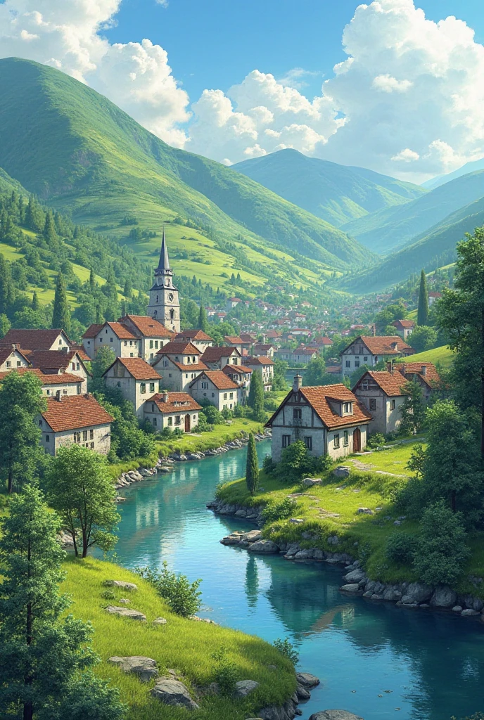 Peaceful town with hills, river, and houses, 8k, realistic, vibrant 