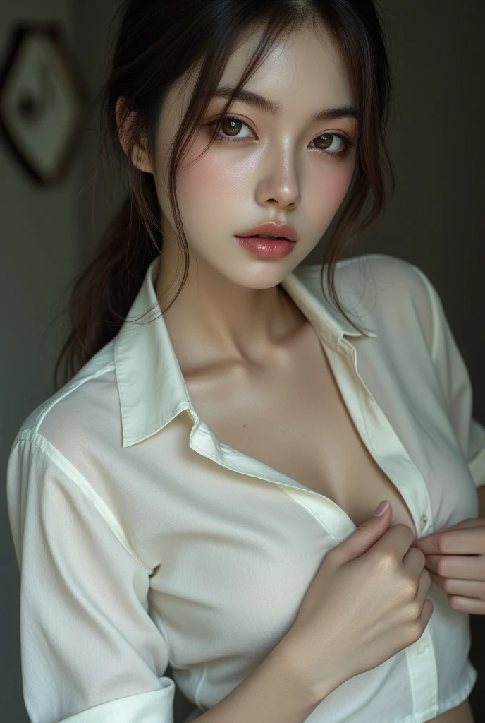 (Highest quality、Tabletop、、Best image quality、Award-winning works)、Cute school girl、けたWhite polyester collared shirt、Short sleeve:1.4)、(Navy Pleated Skirt:1.1)、Portrait of、Glowing Skin、Brown Hair、Are standing、Sculpture Pose、(The simplest pure white background:1.1)、(Extremely large face and larger breasts:1.8)、Accentuate your body lines:1.1)、Very large red ribbon tie、(Evening updo:1.45)、smile、((Half naked))