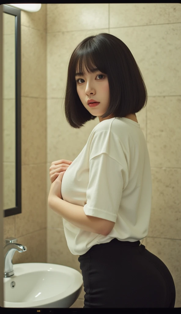 20Year old girl, Black bob cut, (Thin eyebrows), Oversized T-shirt, Grey T-shirt, Wet T-shirt, (Huge breasts), ((avert your eyes)), Symmetrical eyes, Upper Body, Washroom, Wet clothes, Low light