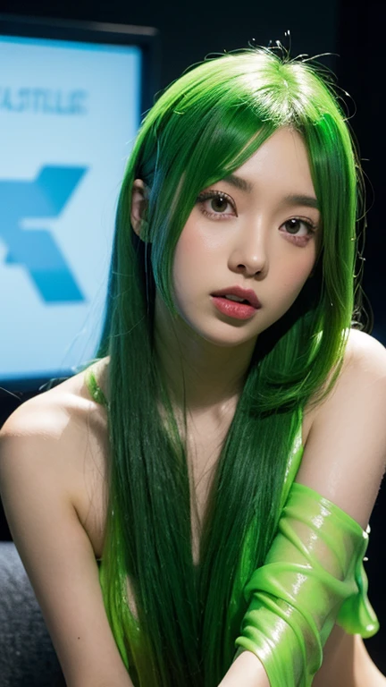(((Portrait)))、Emerald green hair、Lighting、Sitting、(((White of the eyes))) 、(arms behind back)、(((All nude)))、 ((Best Quality, 8K, masterpiece :1.3)), Full body、sexy girl with perfect figure :1.4, Slender Abs :1.1, ((Huge breasts :1.0)),Ultra-detailed face and skin