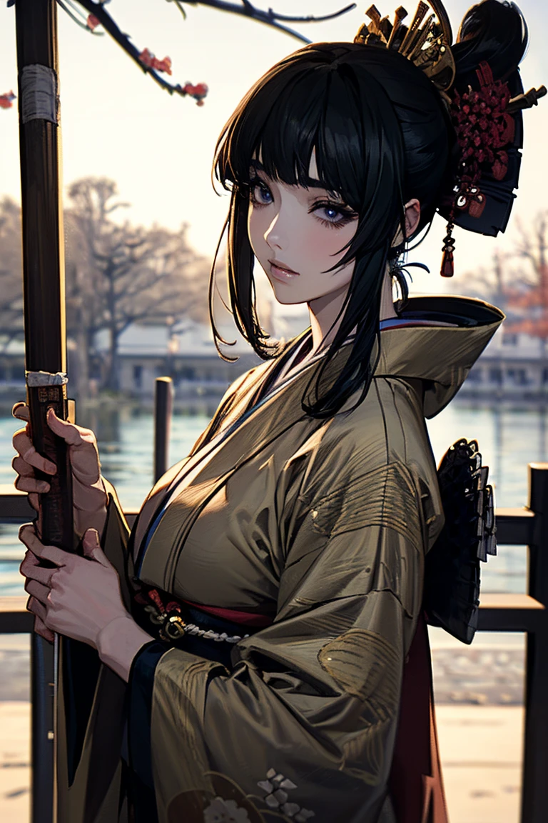 (masterpiece:1.5),beautiful hair,Beautiful Eyes,beautiful lips,Beautiful slender body,Big Breasts,cleavage,(Konno Anna:1.2),(Riho Yoshioka:1.1),(in the Imperial Court:1.3),(Riverside:1.4),bust illustration from the front ,((((the most beautiful woman in the world:1.7)))),(((( kimono,jacket,Taisho Romance:1.2)))),((19-year-old single woman holding a fish in her hand:1.1)),(accurately depicted anatomically correct hands:1.1)black hair,long lashes,Three-dimensional, jewel-like eyes,Very delicate and beautiful CG,2. 5D illustration, Anatomically Accurate Body, (very precise illustration:1.1),(Outdoors:1.4), (wallpaper:1.4),8k