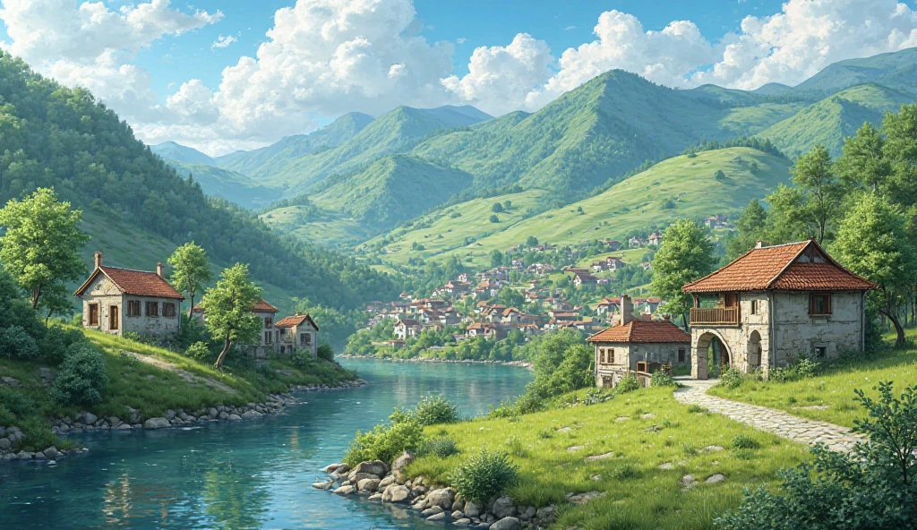 Peaceful town with hills, river, and houses, 8k, realistic, vibrant 