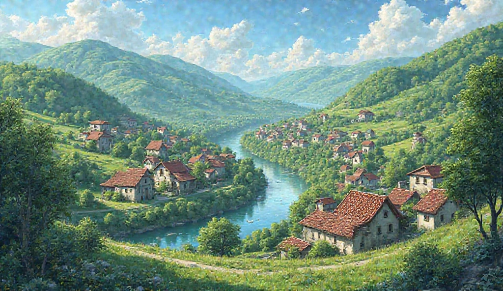 Peaceful town with hills, river, and houses, 8k, realistic, vibrant 