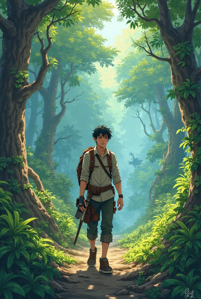 25-year-old boy serious adventurer in a forest anime version
