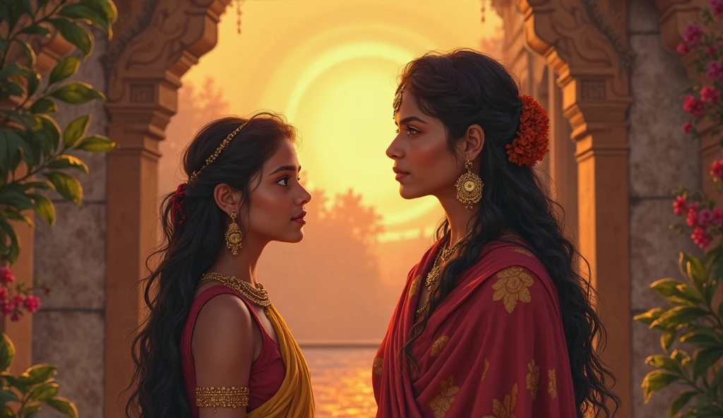 : Create a highly detailed digital illustration, ancient style pictures, semi-realistic art, ultra HD dynamic 4K image quality. Savitri (as described) standing tall, wiping her tears, her face now resolute. Riya (as described at 17) looks at her with hope. They stand in their courtyard, with dawn breaking in the background. Ensure both faces are clear and consistent.