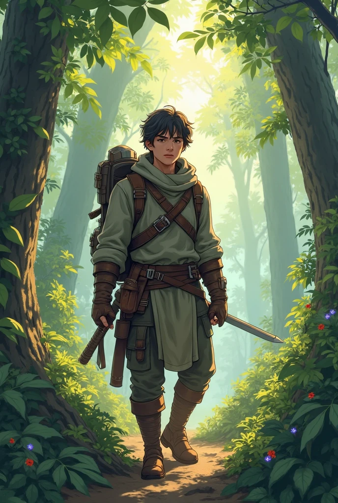 25-year-old serious medieval adventurer in a forest anime version
