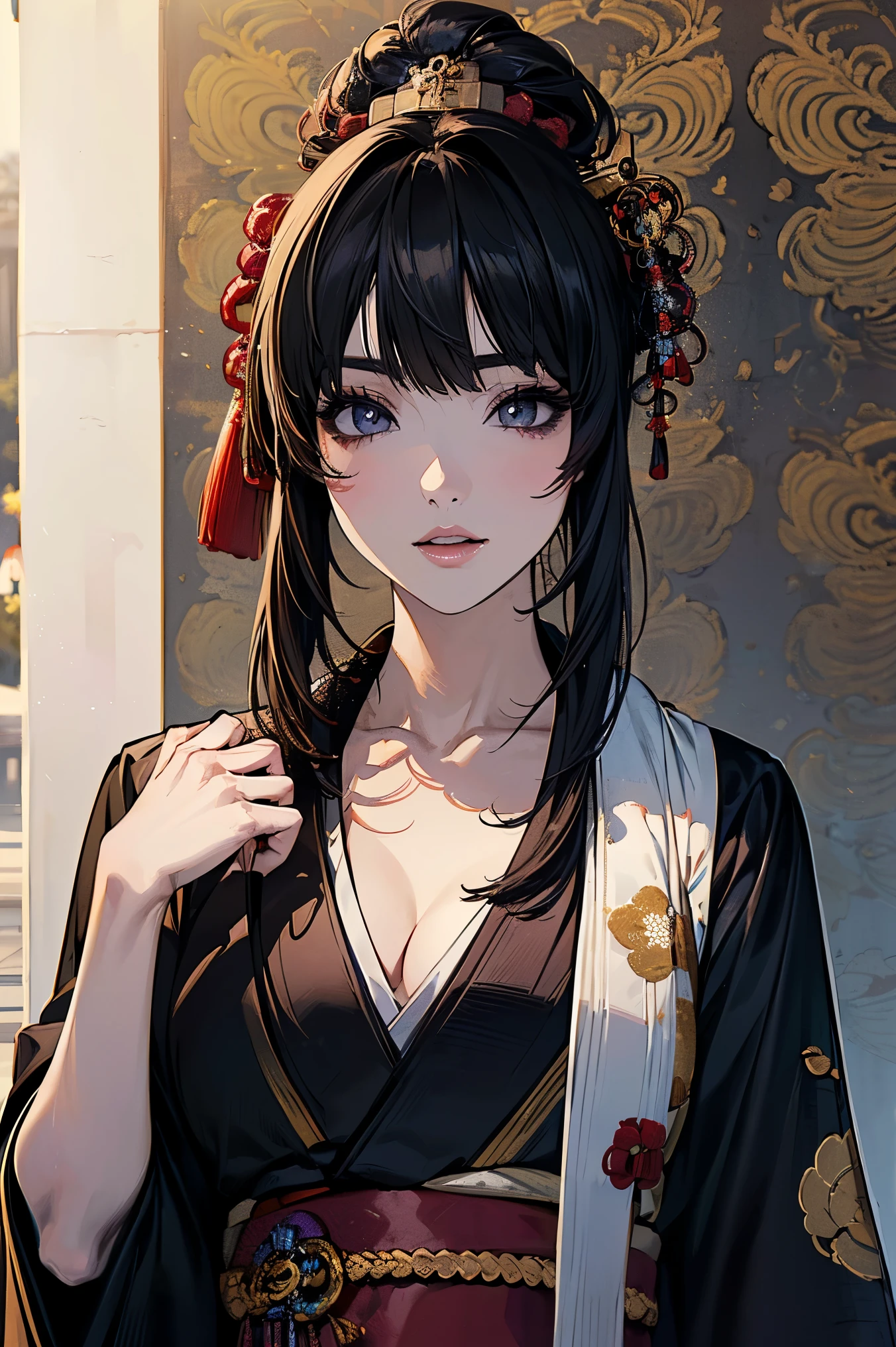 (masterpiece:1.5),beautiful hair,Beautiful Eyes,beautiful lips,Beautiful slender body,Big Breasts,cleavage,(Konno Anna:1.2),(Riho Yoshioka:1.1),(in the Imperial Court:1.3),(Riverside:1.4),bust illustration from the front ,((((the most beautiful woman in the world:1.7)))),(((( kimono,jacket,Taisho Romance:1.2)))),((19-year-old single woman holding a fish in her hand:1.1)),(accurately depicted anatomically correct hands:1.1)black hair,long lashes,Three-dimensional, jewel-like eyes,Very delicate and beautiful CG,2. 5D illustration, Anatomically Accurate Body, (very precise illustration:1.1),(Outdoors:1.4), (wallpaper:1.4),8k