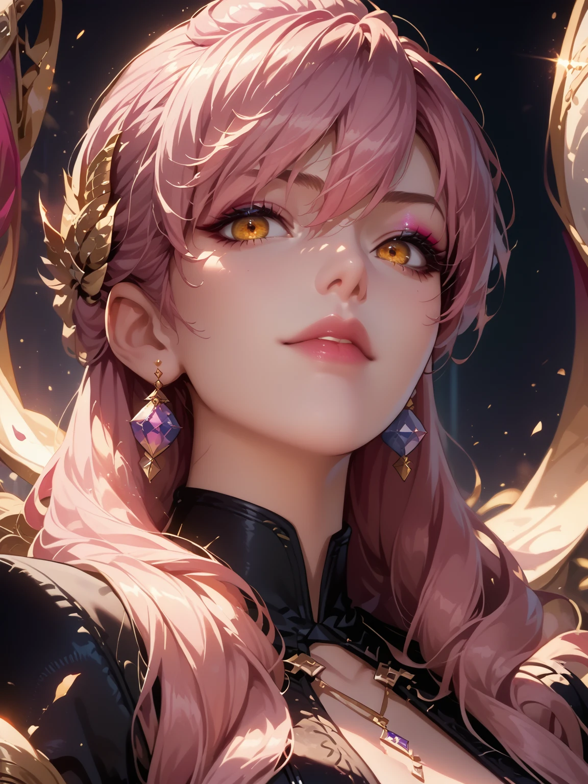 score_9, score_8_up, score_7_up, source_anime, 1girl, long hair, pink hair, yellow eyes, makeup, hair over shoulder, perfect eyes, anatomically perfect