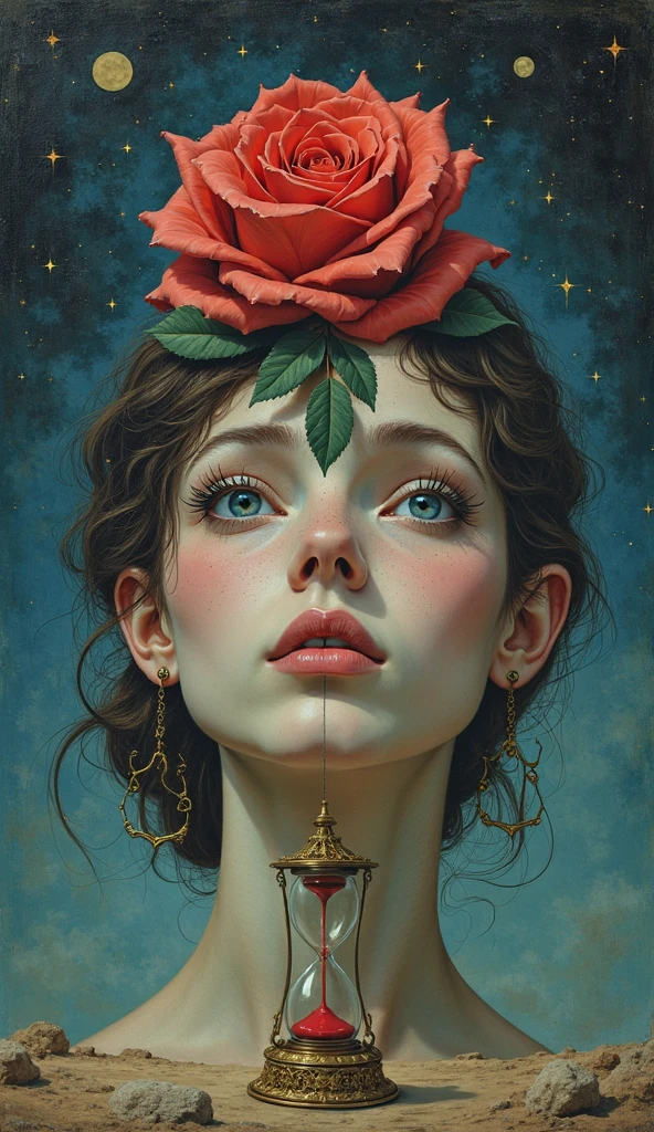 Surreal art, a woman looking at the horizon with a sad expression, blue eyes, abstract background Realistic style, "
 "A rose divided into two halves, Each half on an opposite side of an unbalanced scale, background with stars, Gothic style
"An hourglass with sand that drains quickly.