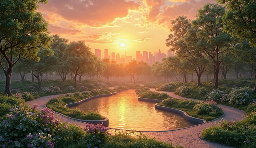 Sun rising over a small park,8k, realistic, vibrant 