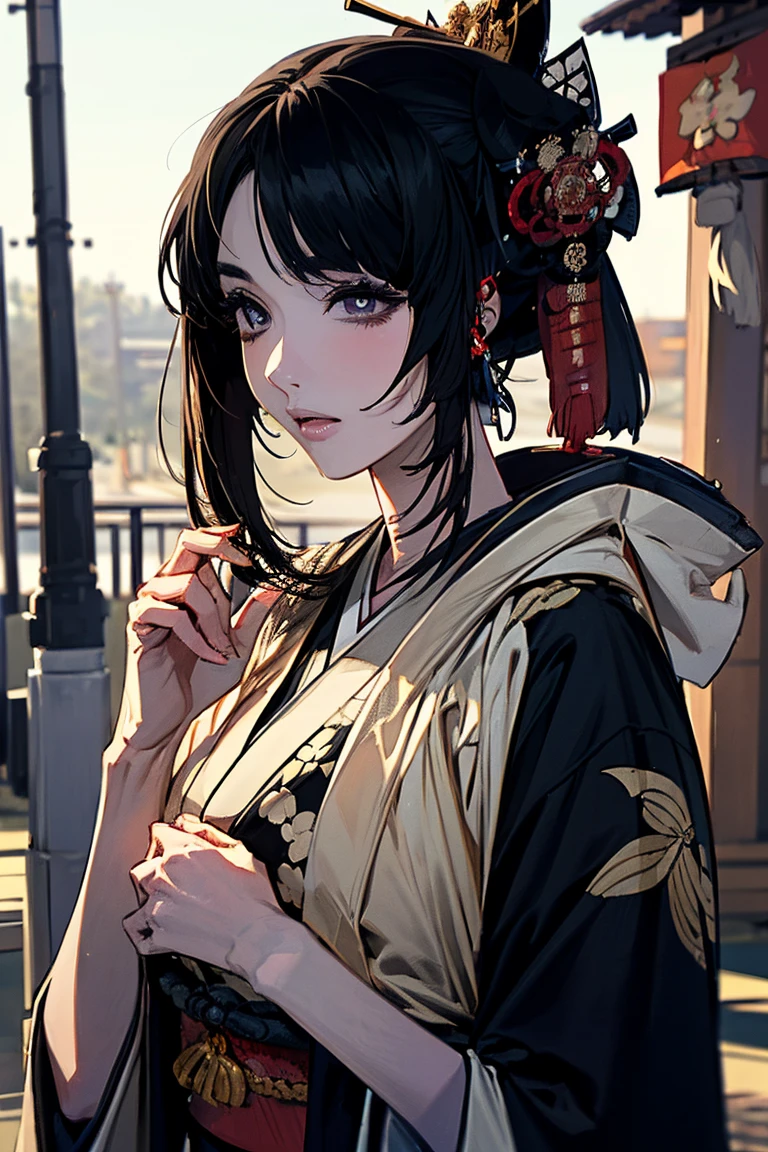 (masterpiece:1.5),beautiful hair,Beautiful Eyes,beautiful lips,Beautiful slender body,Big Breasts,cleavage,(Konno Anna:1.2),(Riho Yoshioka:1.1),(in the Imperial Court:1.3),(Riverside:1.4),bust illustration from the front ,((((the most beautiful woman in the world:1.7)))),(((( kimono,jacket,Taisho Romance:1.5)))),((19-year-old single woman holding a fish in her hand:1.1)),(accurately depicted anatomically correct hands:1.1)black hair,long lashes,Three-dimensional, jewel-like eyes,Very delicate and beautiful CG,2. 5D illustration, Anatomically Accurate Body, (very precise illustration:1.1),(Outdoors:1.4), (wallpaper:1.4),8k