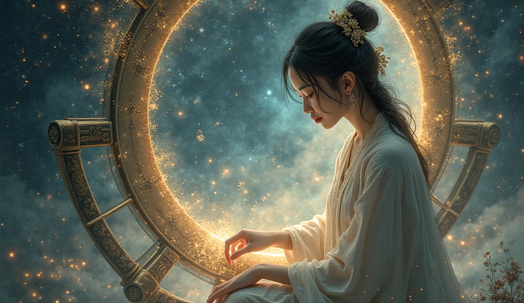 

"A celestial loom floating in space, weaving threads of light and stars, with a divine asian woman focused in quiet sorrow"
