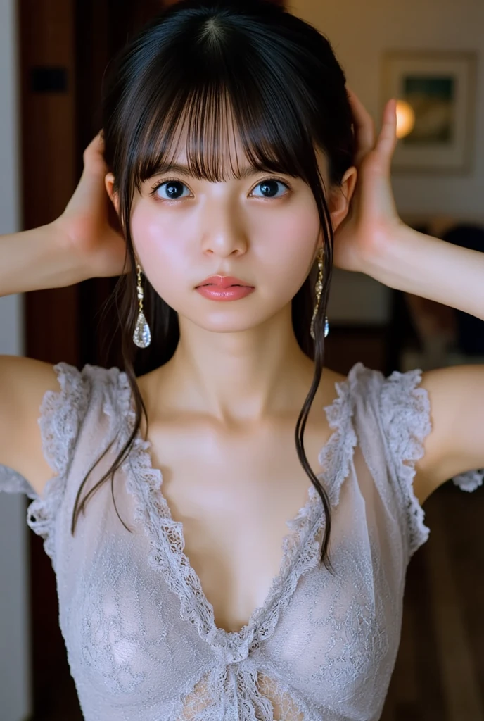 random posture, (very delicate and beautiful work), (masterpiece), 1 girl, Girl in a silver dress, very detailed, Lumbar leakage, Ponytail distortion, Charm外観, beautiful clear eyes, green eye pupils, delicate necklace, Delicate earrings, Fairy ears, Simple blurred background, Description of extreme details, beautiful, Charm, Ultra-fine painting, delicate face, delicate figure, thin clavicle, nice lips, beautiful breasts, soft back, mix 4, (8K, RAW photo, highest quality, masterpiece: 1.2), (realistic, photorealistic: 1.37), 1 girl, cute, cityscape, night, rain, Wet, professional lighting, photon mapping, radio city, Physically based rendering, (beautiful little hard 1.1), (Saw the head of the nipple in the dress: 1.4), white skin、gush、innocent smile、17 year old girl、look at the cameraください、look at the camera