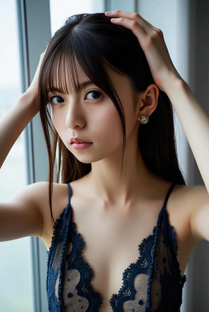 ((top quality, 8k, masterpiece: 1.3)), sensual woman, one girl, large: 1.3, (firm abs, slender physique: 1.2), large, thin, dark brown hair, short hair, drawn from head to toe, standing, legs shoulder-width apart. Black bra, black G-string panties, exposure, bed, ultra detailed face, detailed lips, detailed eyes, detail breasts, big, double eyelids, racy underwear, pimp-like underwear, pimp-like bra, pimp-like panties, large areola protruding from underwear, large bra staggered to show off, missionary position, crotch opening, liquid dripping from panties, no bra, erotic underwear, sexy, cleavage, (mouth and tongue opening: 1.2), (upper angle: 1.3), (wet t-back: 1.2), 9 months pregnant