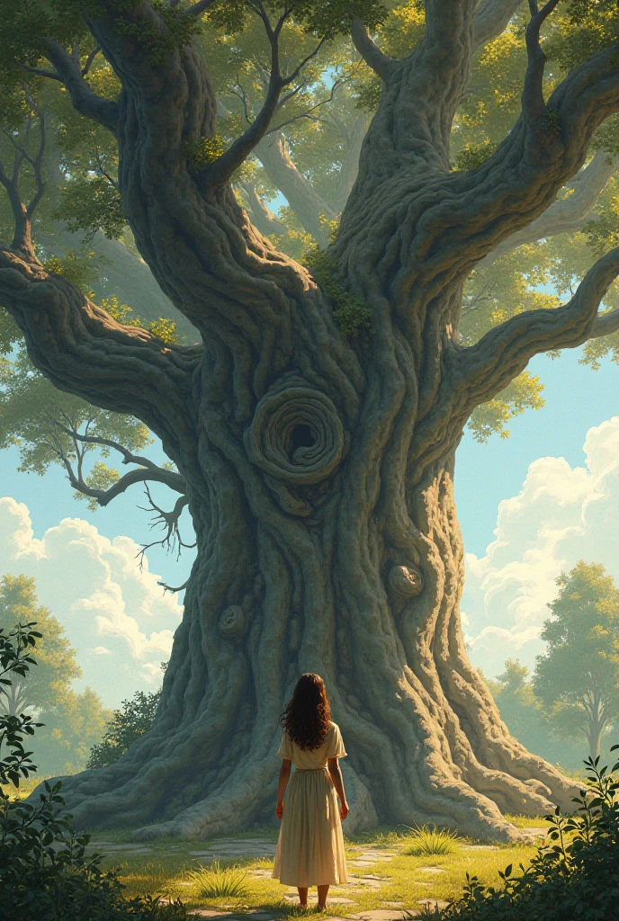 Description of the drawing ]: A huge tree with curled branches, and Layla looks at it in amazement