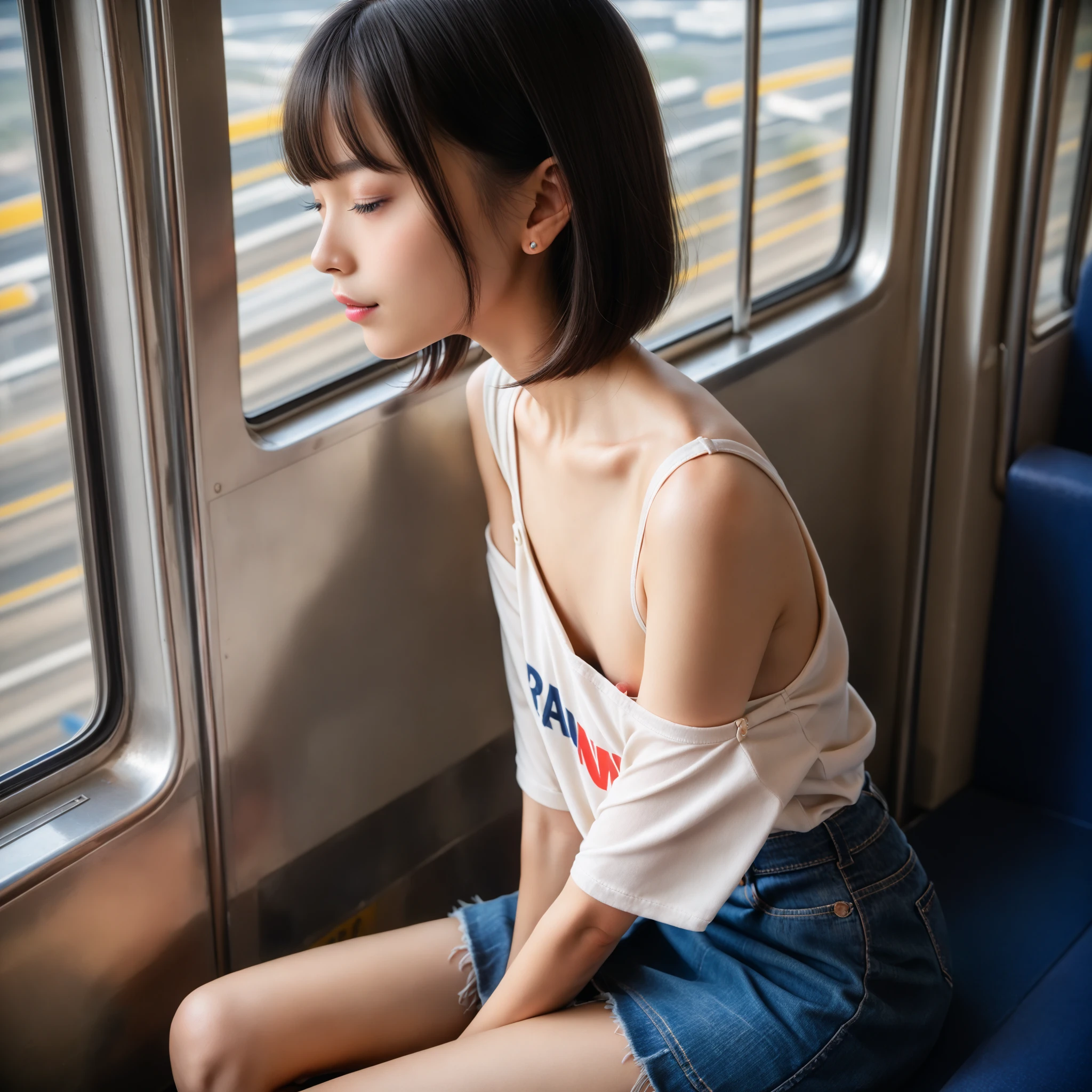 1 girl, highest quality, super high resolution, super detailed skin, physically based rendering, small breasts, flat chest, down blouse, (14 year old Japanese student, decorated detailed bra, overlapping short sleeve blouse, small breasts, full), sitting, squatting on train, short hair, necklace, close-up, from top left, focus on breasts, high brightness