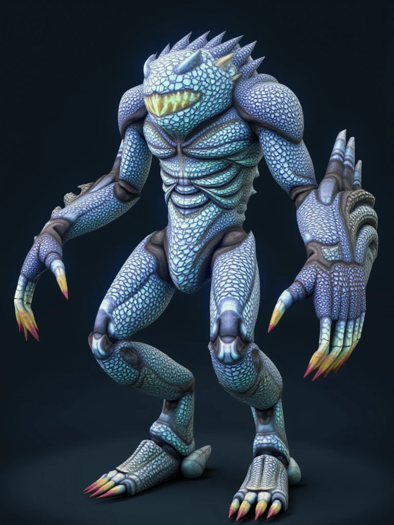 (((caricature+The vibrant+cheery+cartoonish style))), Purple shark-like creature. 3D Rendering. A creature with sharp teeth