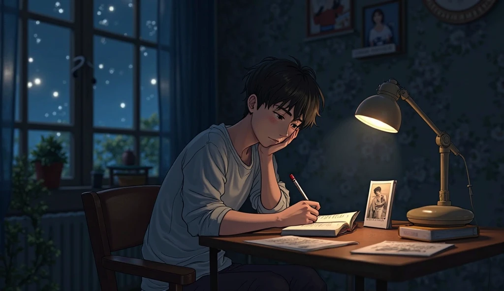 anime boy sitting in his dimly lit room, writing in a notebook, soft desk lamp light, photos and letters on the table, lost in thought, peaceful and slightly sad, cozy indoor night scene, emotional expression, anime art --v 6 --ar 3:4 --style raw