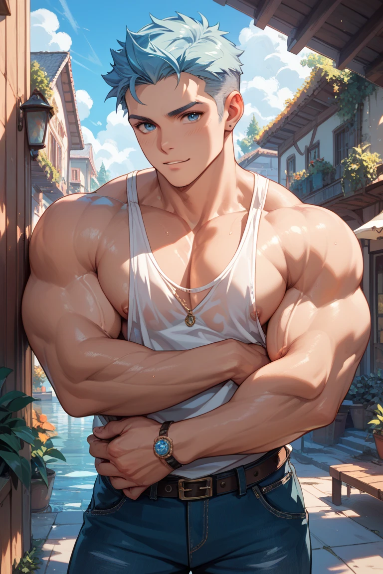 (Highest quality)，masterpiece，8k wallpaper quality， Cinematic,effort,1 boy,White tank top, Huge muscles ,Please raise your hand,Underarm, sweating, short hair, Lower body nude
