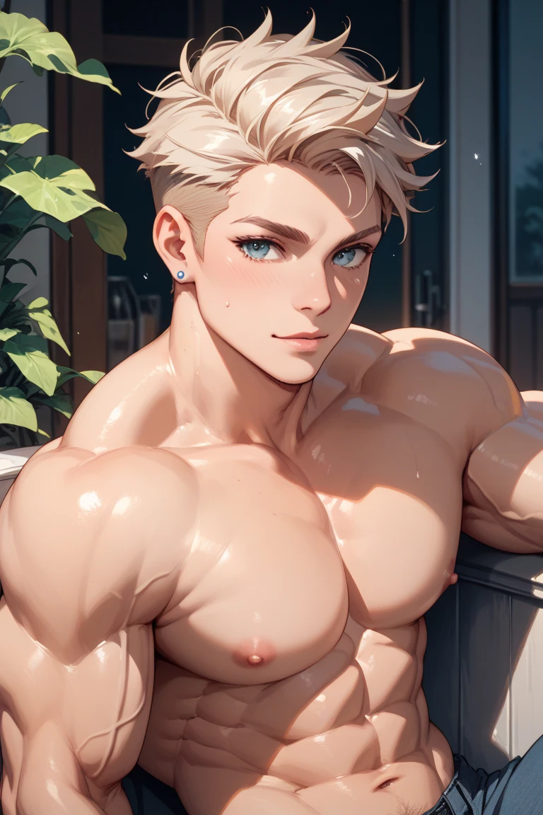 ((the best quality)), ((Masterpiece)), (details), perfect face, high definition, Masterpiece,4k,details clearly, Handsome face, white skin, perfect body, male body, strong muscles, abdomen, blue eyes, white skin, The most handsome man in the world, handsome, The coolest face, Male characters, close image (1man, shirtless), young man, mischievous smile, Extremely muscular tall man, open your eyes ((detailed eyes)), huge, muscular body and Massive, bulging pecs, muscular abs, narrow waist, short hair, blue eyes, delicate big eyes, carefree expression, clear face, handsome (detailed face, perfect face) ((extremely realistic shadows, bodybuilding posture, human, ((22-year-old young man)), V shape, athletic pants, athletic, Shirtless, Sunlight, Street wall, lower pants, topless, close up look, CG sense, Textured skin, the best quality, Storytelling images, lower your pants, show Panty line, white hair, Best short,