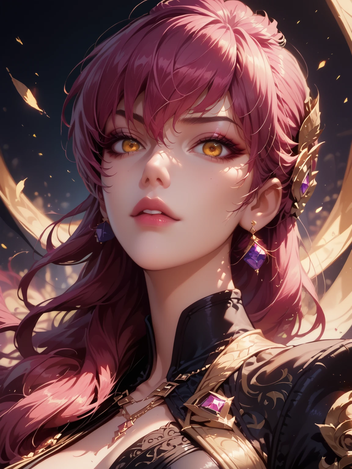 score_9, score_8_up, score_7_up, source_anime, 1girl, long hair, magenta hair, yellow eyes, makeup, hair over shoulder, perfect eyes, anatomically perfect